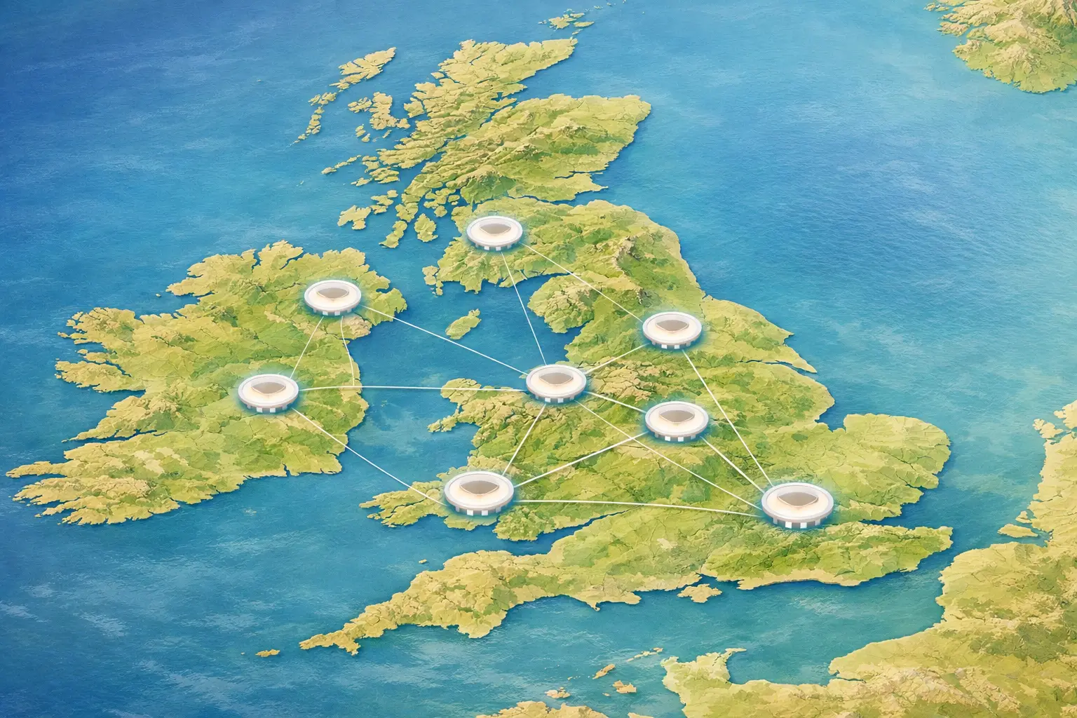 Übersichtskarte der EM 2028 Spielorte in Großbritannien und Irland