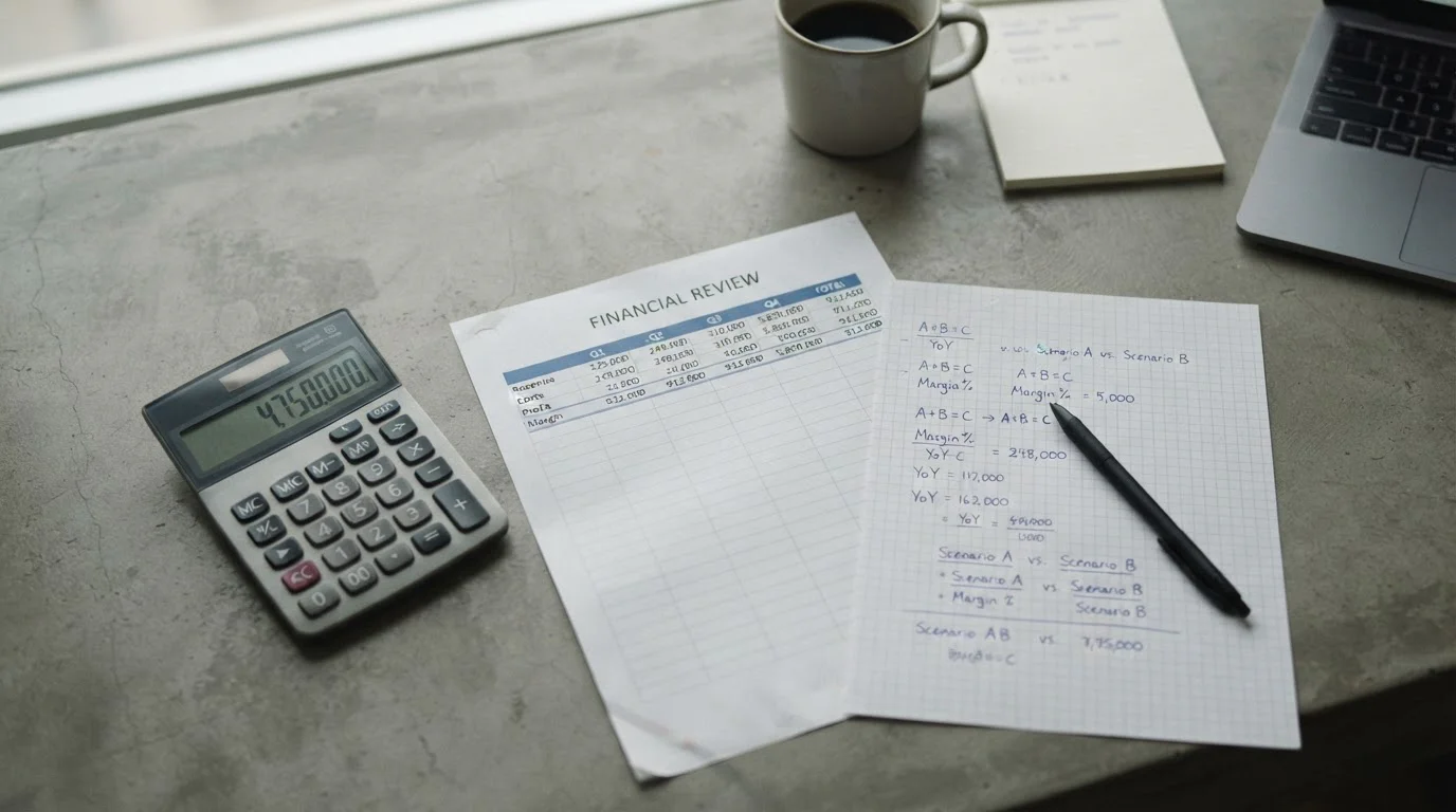 Taschenrechner, Finanzübersicht und handschriftliche Gewinn-Verlust-Rechnung