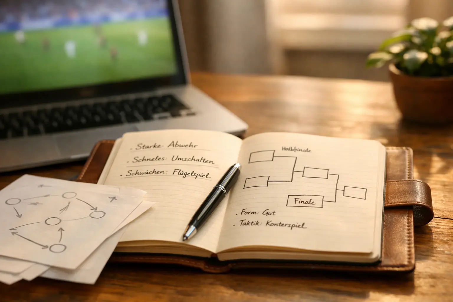 Notizbuch mit Wettstrategien und Teamanalysen neben einem Laptop