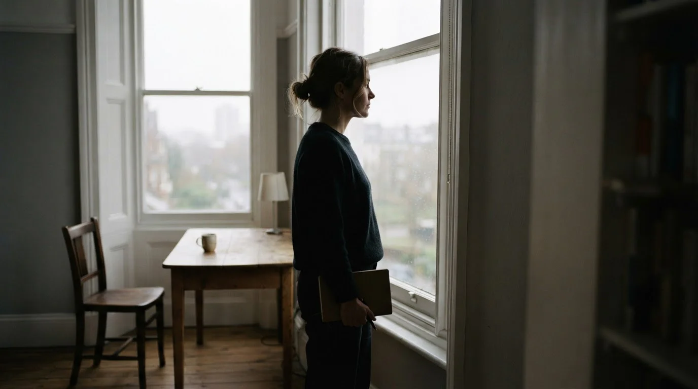 Silhouette einer Person am Fenster, die eine Grenze für sich setzt