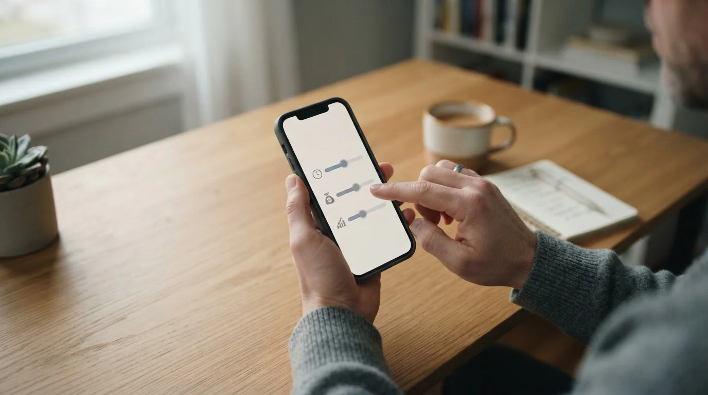 Hände über einem Smartphone mit abstraktem Limit-Interface, ruhige und überlegte Atmosphäre