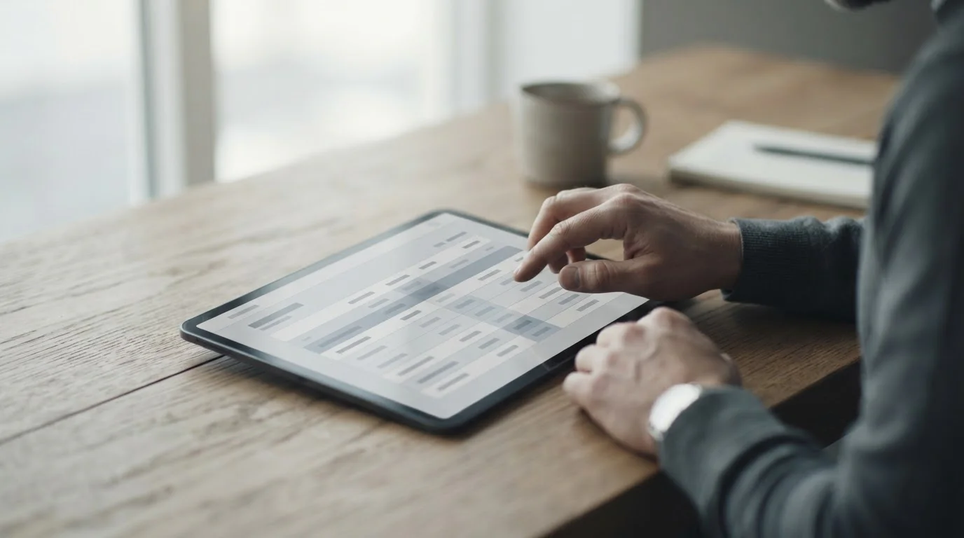 Vergleichstabelle mit neutralen Datenblöcken auf Tablet-Bildschirm