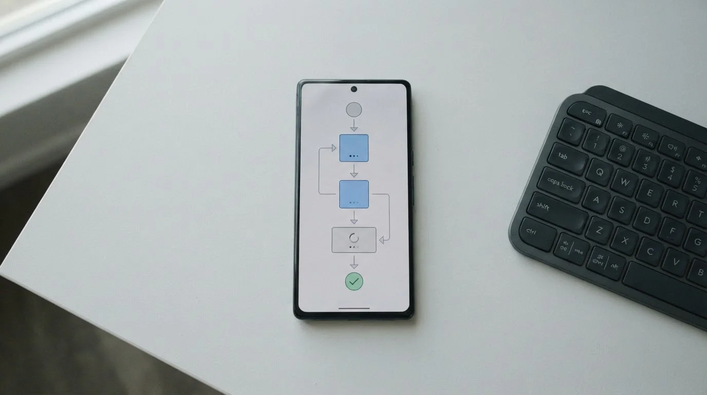 Smartphone zeigt abstrakten Zahlungsvorgang mit neutralen Schritten