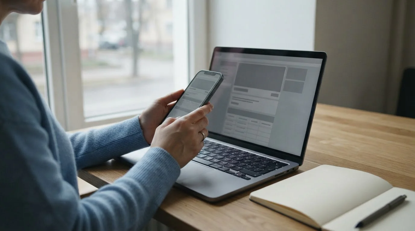 Hände am Smartphone vor einem Laptop mit neutraler Zahlungsoberfläche