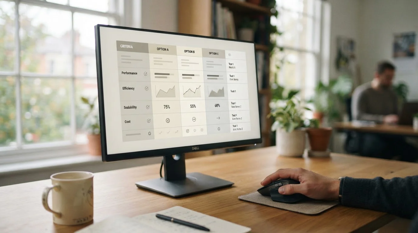 Vergleichstabelle mit neutralen Bewertungskriterien auf Desktop-Monitor